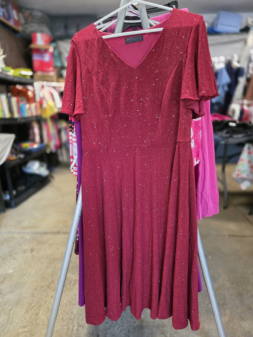 Sparkle V-Neck Burgundy Fit & Flare Wedding Dress